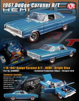 Dodge - Coronet R/T Hemi 1967 bright blue - 1:18 - Acme Diecast - 1806601 - acme1806601 | Tom's Modelauto's Dodge - Coronet R/T Hemi 1967 bright blue - 1:18 - Acme Diecast - 1806601 - acme1806601 | Tom's Modelauto's