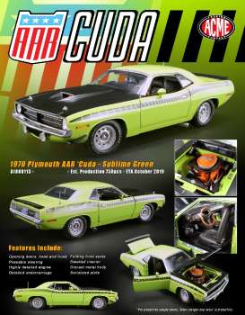 Plymouth - AAR Cuda 1970 sublime green - 1:18 - Acme Diecast - 1806113 - acme1806113 | Tom's Modelauto's Plymouth - AAR Cuda 1970 sublime green - 1:18 - Acme Diecast - 1806113 - acme1806113 | Tom's Modelauto's