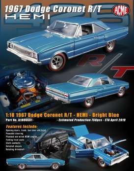 Dodge  - Coronet R/T Hemi 1967 bright blue - 1:18 - Acme Diecast - 1806601 - acme1806601 | Toms Modelautos