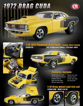 Plymouth  - Cuda Drag 1972 yellow - 1:18 - Acme Diecast - 1806118 - acme1806118 | Toms Modelautos