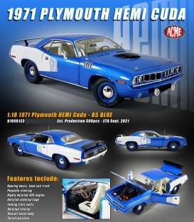 Plymouth - Hemi Cuda 1971 blue/white - 1:18 - Acme Diecast - 1806123 - acme1806123 | Toms Modelautos Plymouth - Hemi Cuda 1971 blue/white - 1:18 - Acme Diecast - 1806123 - acme1806123 | Toms Modelautos