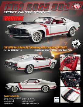 Ford  - Boss 302 Mustang 1969 white/red/black - 1:18 - Acme Diecast - 1801842 - acme1801842 | Toms Modelautos