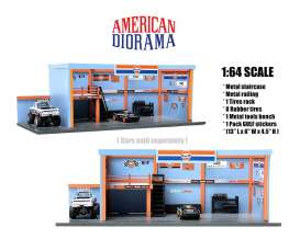 diorama Accessoires - Gulf Garage Diorama 2022 gulf blue/orange - 1:64 - American Diorama - 76531 - AD76531 | Toms Modelautos