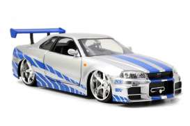 Nissan  - Skyline GTR R34 F&F 2002 silver with blue stripes - 1:24 - Jada Toys - 253203044 - jada253203044 | Toms Modelautos