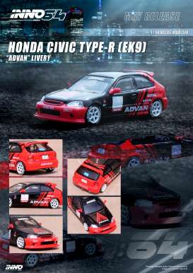 Honda  - Civic Type R EK9 red/black - 1:64 - Inno Models - in64-EK9AD - in64EK9AD | Toms Modelautos
