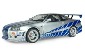 Nissan  - Skyline GT-R (BNR34) silver/blue - 1:18 - Solido - SO1804315A - soli1804315A | Toms Modelautos